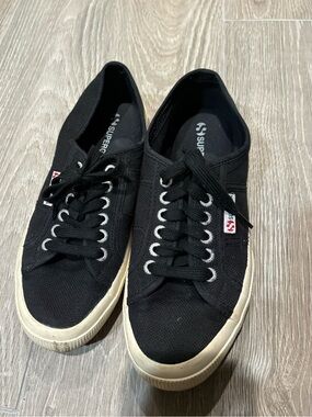 Superga Women's Black Canvas Sneakers with Cream Sole